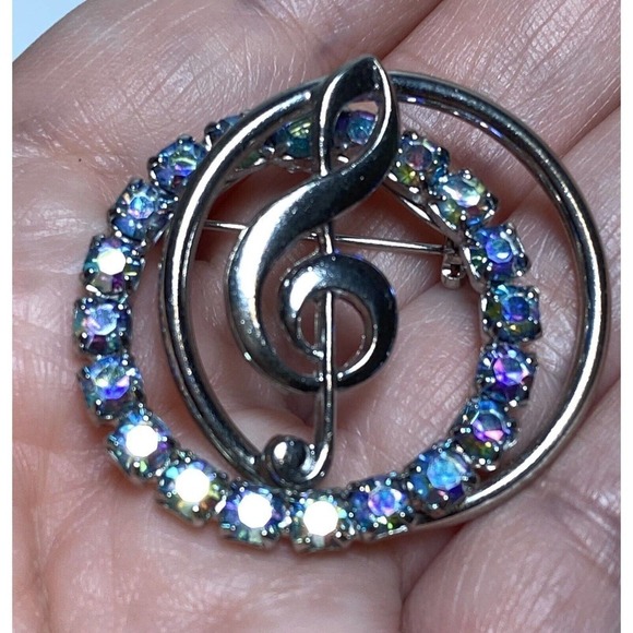Brooch Treble Clef Stylized Silver Tone Aurora Borealis AB Crystals Art Deco - Picture 5 of 6